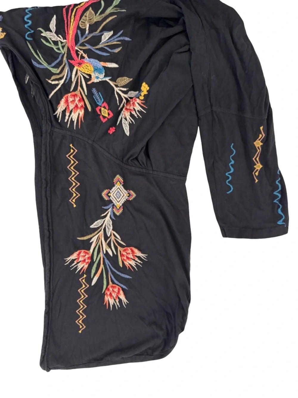 Johnny Was Black V-Neck Tunic with Floral and Geometric Embroidery and hood - Picture 3 of 5